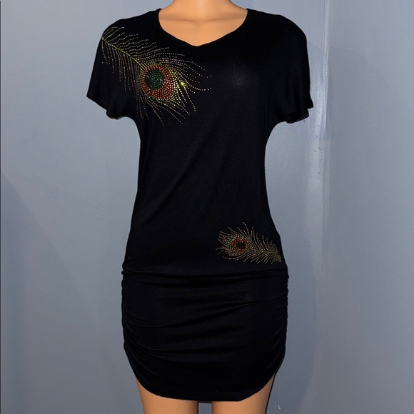 Dresses & Skirts - Yelbrey Black Rhinestone Peacock Feather Ruched Mini Dress | Size Medium